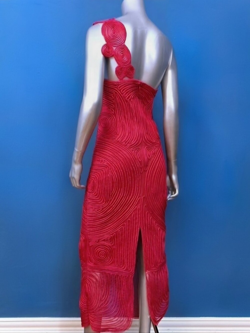 🆕️🔴ARRANGE Embroidered Satin One Shoulder Maxi Dress w/ Cutwork Design / (NWT) - Picture 4 of 13